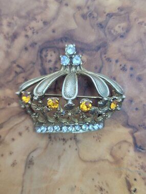 Vintage Sterling & Crystal Crown Brooch by Jomaz